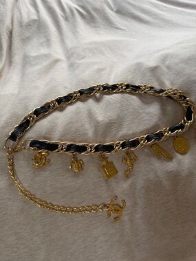 Gold Chain Charm Belt with Black Leather Weave